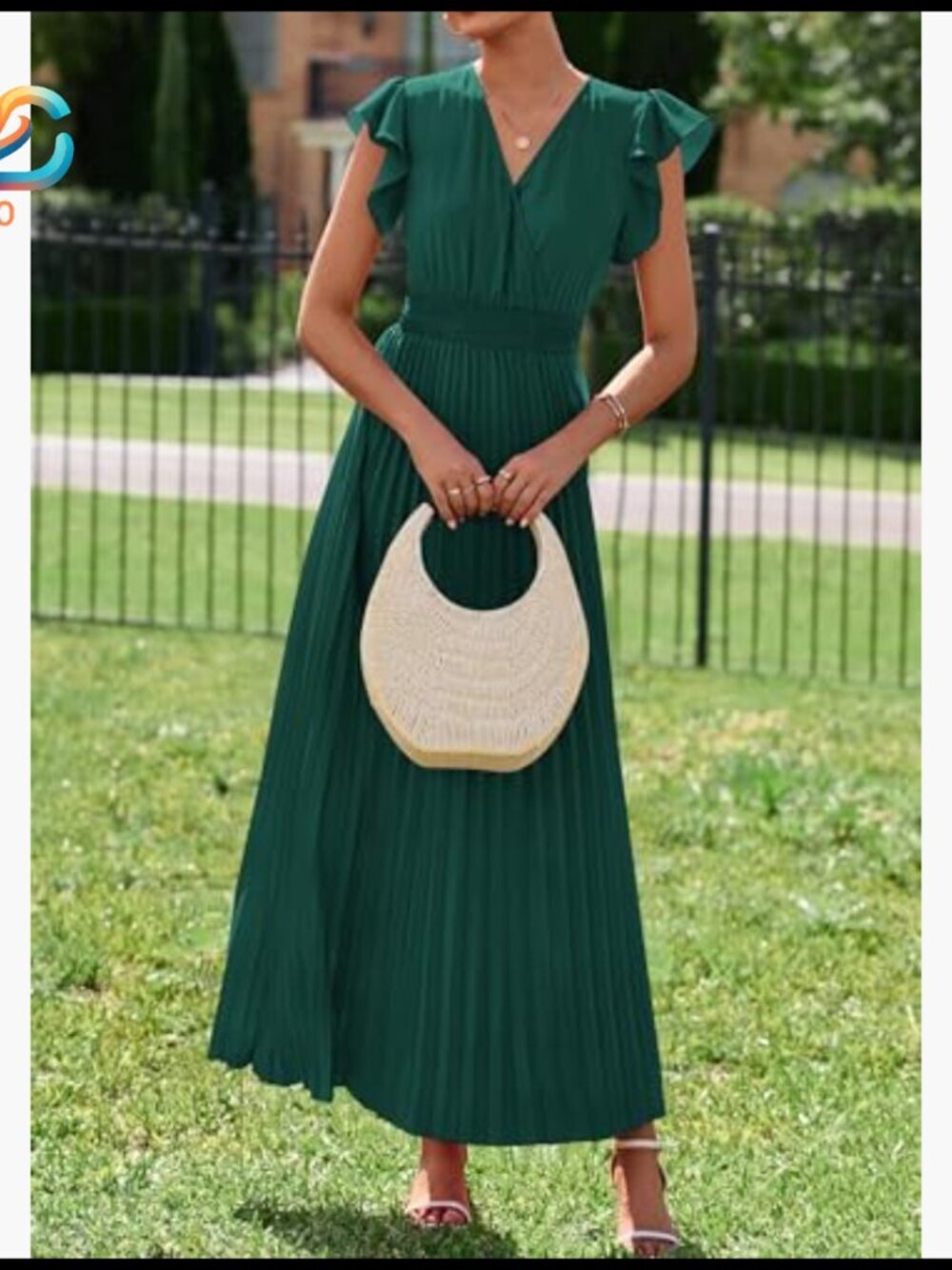 Summer Maxi Dress V Neck Ruffle Sleeves Empire Waist Pleated Flowy Formal - Picture 4 of 7